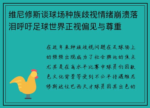 维尼修斯谈球场种族歧视情绪崩溃落泪呼吁足球世界正视偏见与尊重
