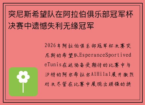 突尼斯希望队在阿拉伯俱乐部冠军杯决赛中遗憾失利无缘冠军